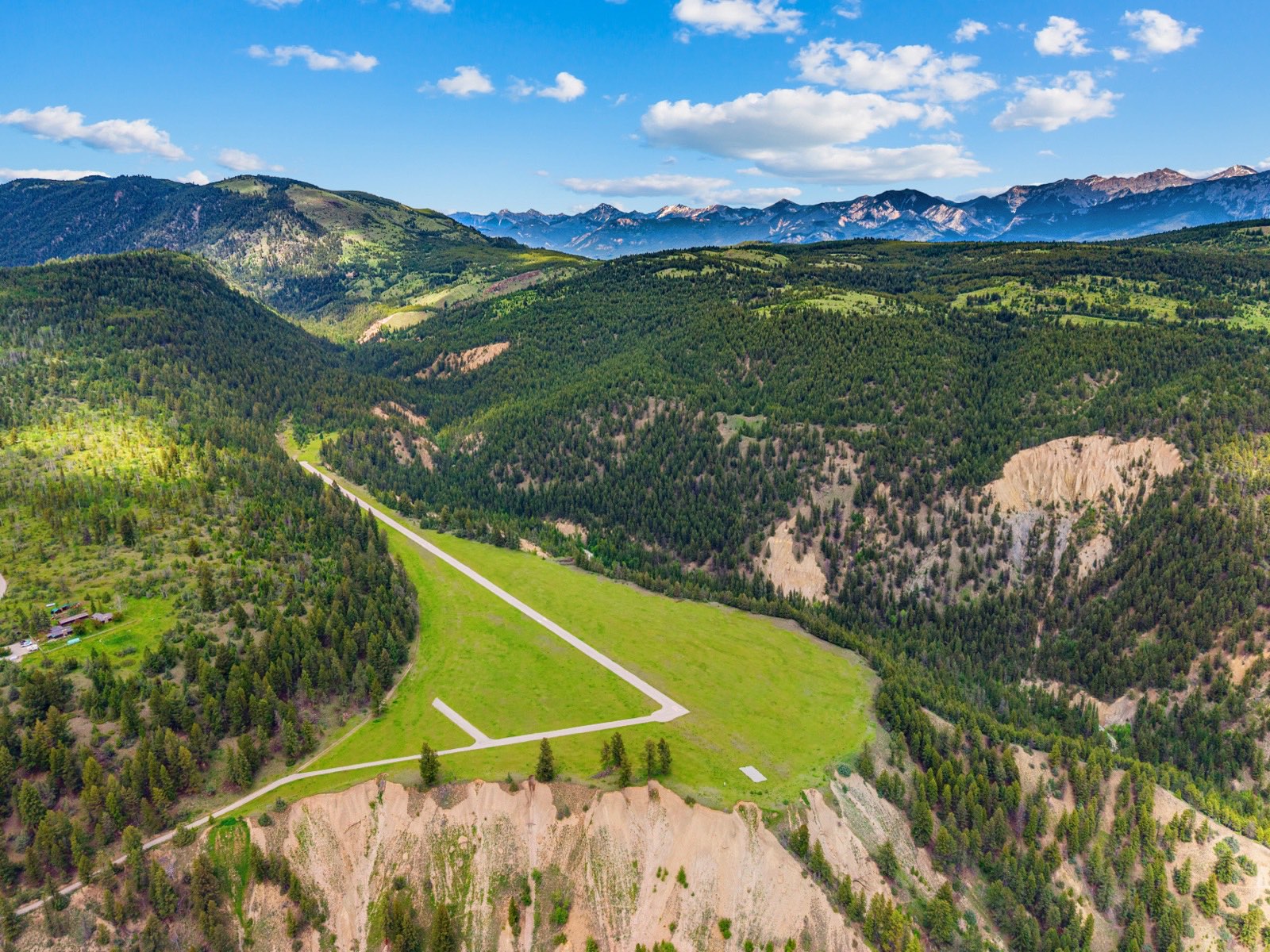 Aerial view of the private grass airstrip